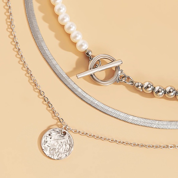 Vintage Pearl Beaded Lasso Layered Silver Necklace Set of 3 - Picture 3 of 3